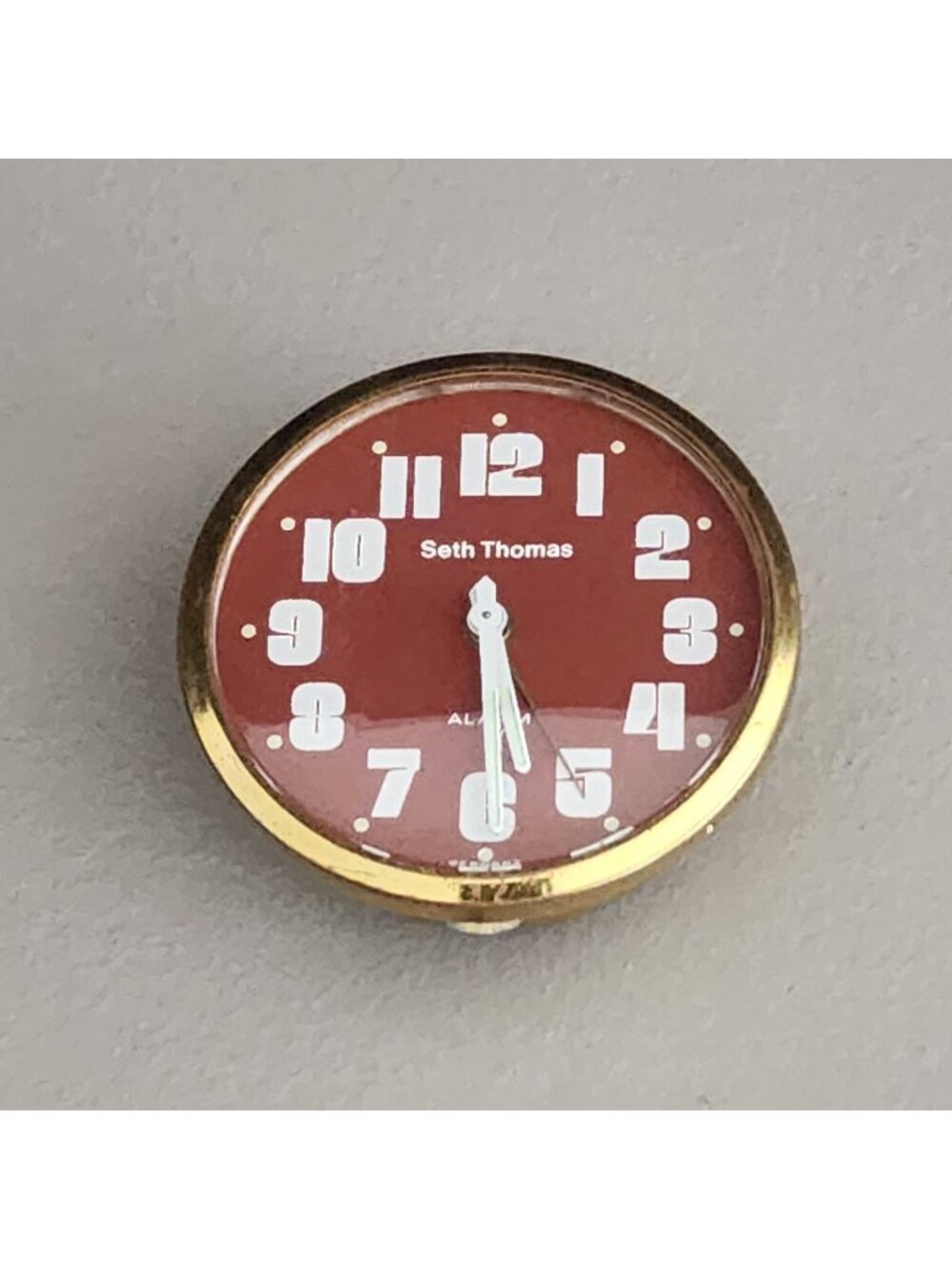 Vintage Seth Thomas Alarm Clock – =Brown Red Face & Brass Bezel – Germany MCM